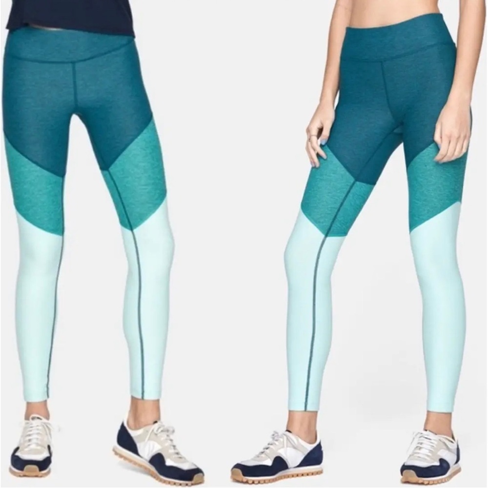Outdoor Voices green and blue color block warm up 7/8 leggings with matching top